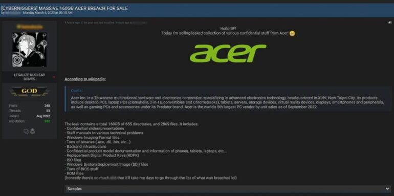 In vendita dati interni di Acer, potrebbe essere un riciclo di dati del 2021